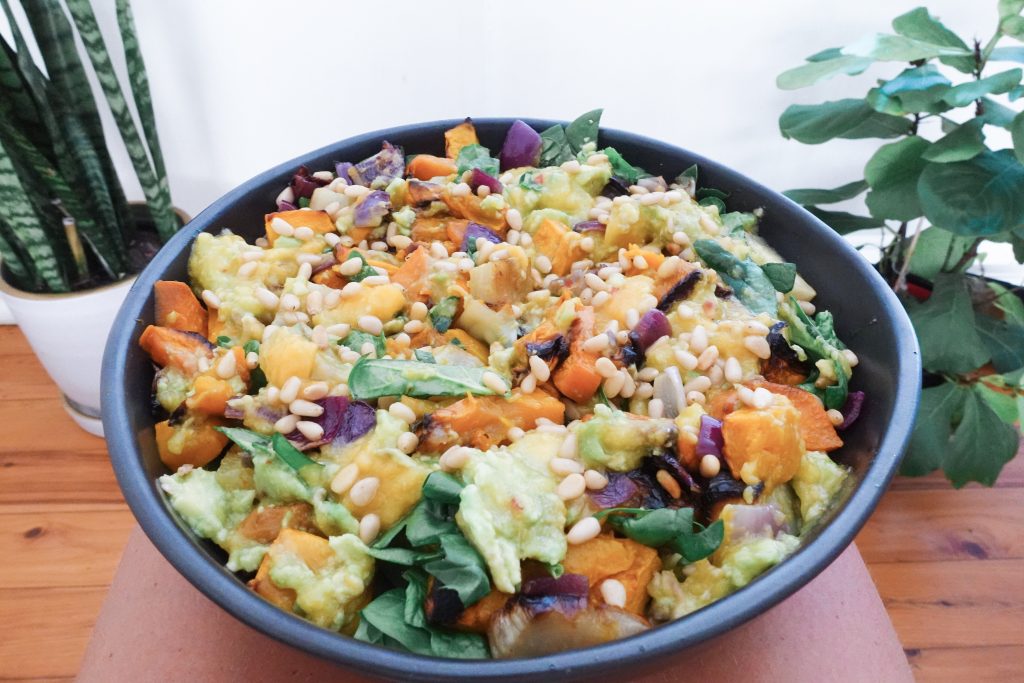 Mango and avocado salad with toasted pine nuts -