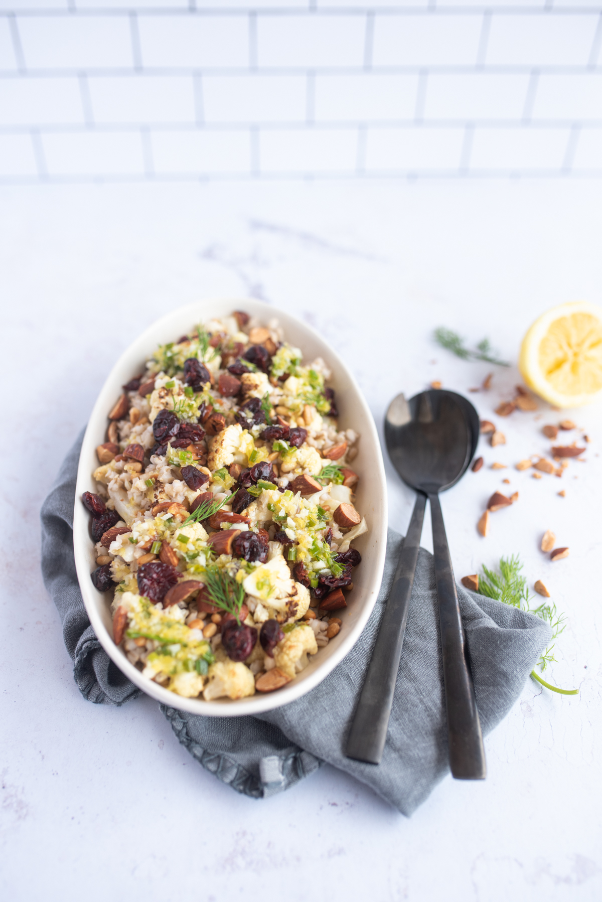 Pearl barley, pine nut and almond salad -
