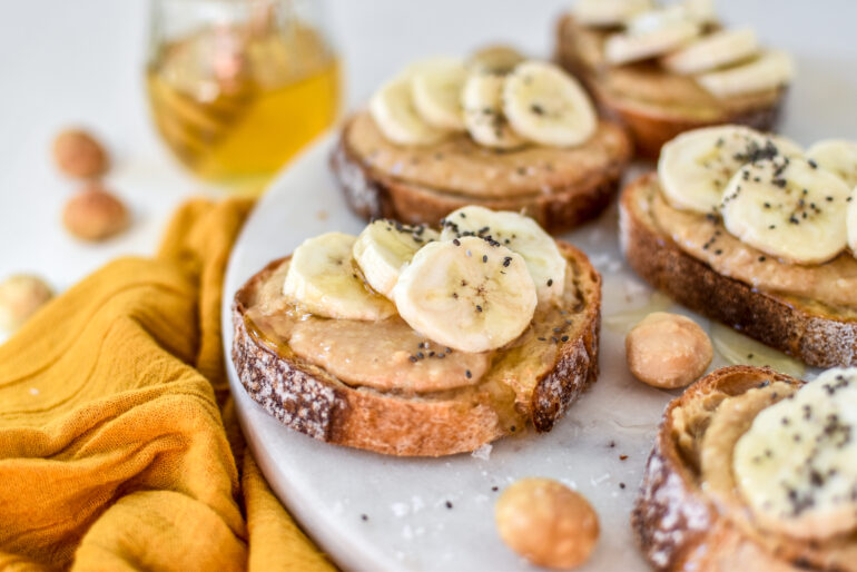 Salted macadamia butter, banana and honey crostinis recipe